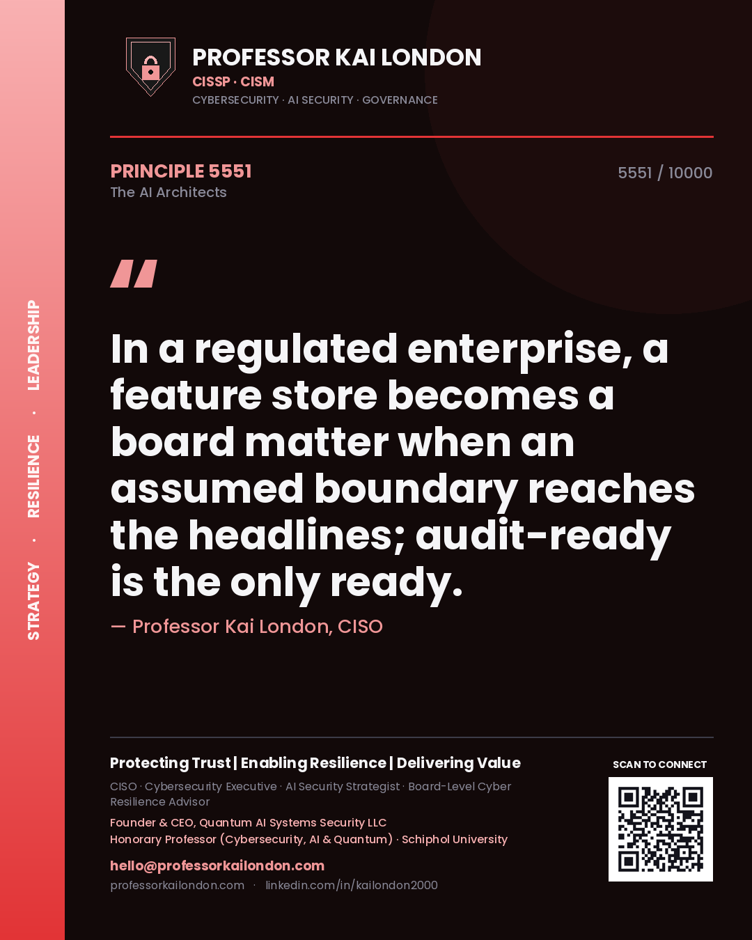 Quote card by Professor Kai London reading 'In a regulated enterprise, a feature store becomes a board matter when an assumed boundary reaches the headlines; audit-ready is the only ready.'. From the book The AI Architects.