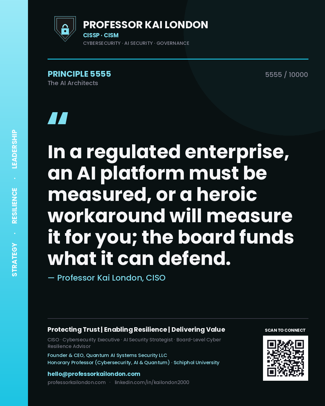 Professor Kai London principle 5555: In a regulated enterprise, an AI platform must be measured, or a heroic workaround will measure it for you; the board funds what it can defend.