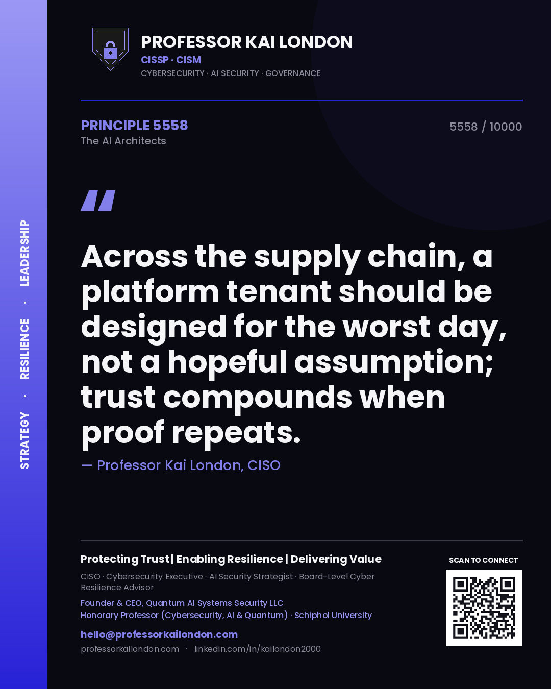 Quote card by Professor Kai London reading 'Across the supply chain, a platform tenant should be designed for the worst day, not a hopeful assumption; trust compounds when proof repeats.'. From the book The AI Architects.