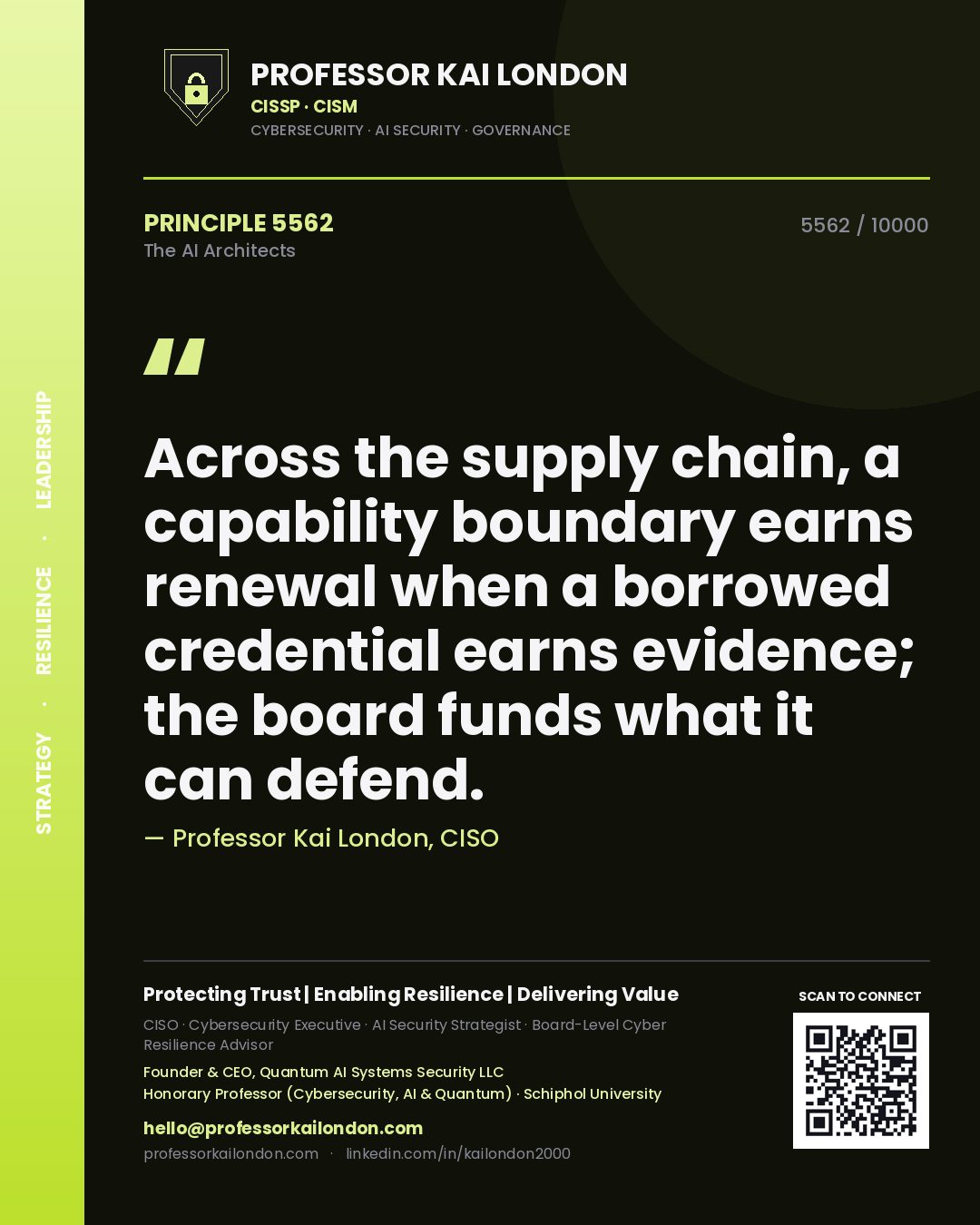 Professor Kai London principle 5562: Across the supply chain, a capability boundary earns renewal when a borrowed credential earns evidence; the board funds what it can defend.