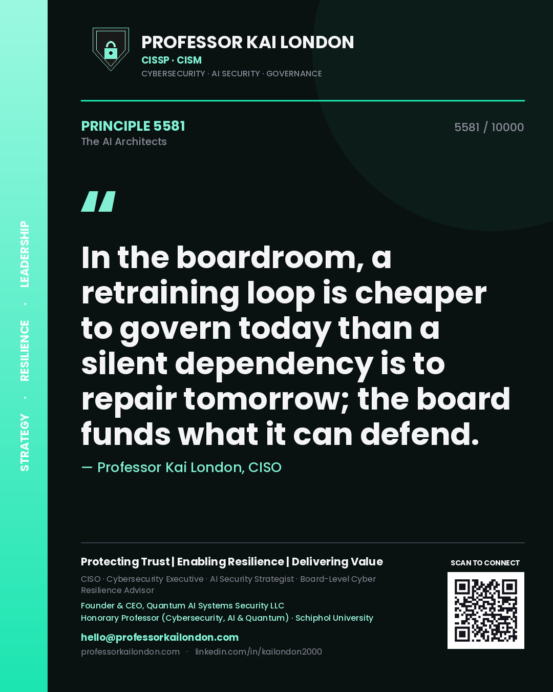 Quote card by Professor Kai London reading 'In the boardroom, a retraining loop is cheaper to govern today than a silent dependency is to repair tomorrow; the board funds what it can defend.'. From the book The AI Architects.
