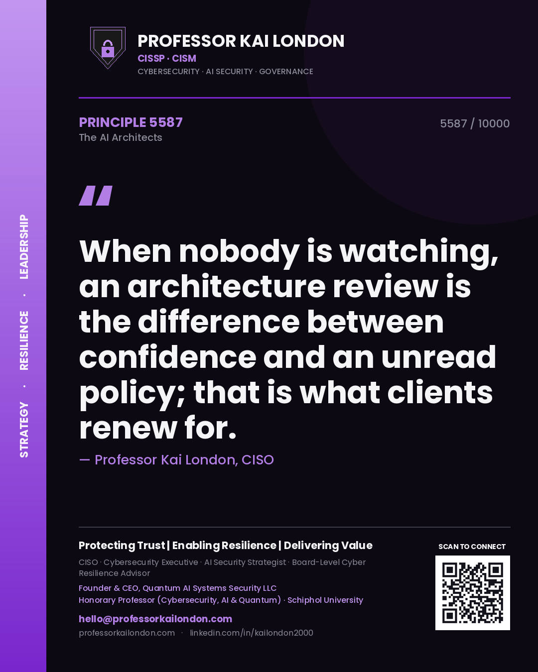 Professor Kai London principle 5587: When nobody is watching, an architecture review is the difference between confidence and an unread policy; that is what clients renew for.