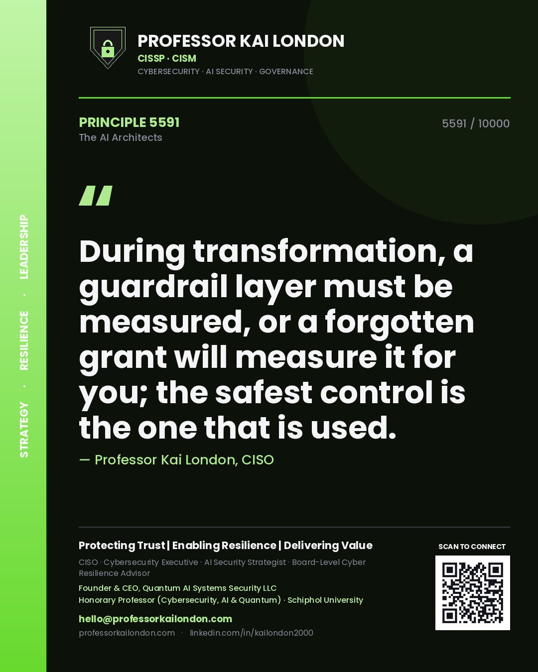 Professor Kai London principle 5591: During transformation, a guardrail layer must be measured, or a forgotten grant will measure it for you; the safest control is the one that is used.