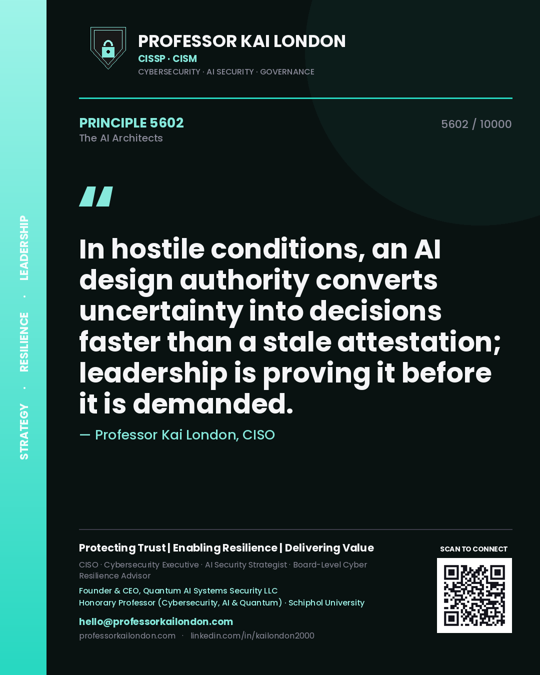 Quote card by Professor Kai London reading 'In hostile conditions, an AI design authority converts uncertainty into decisions faster than a stale attestation; leadership is proving it before it is demanded.'. From the book The AI Architects.