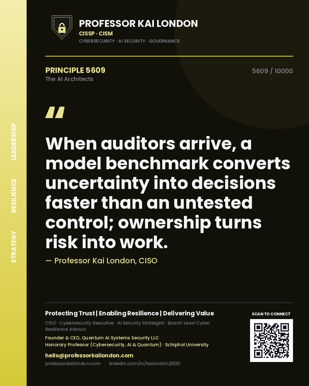 Quote card by Professor Kai London reading 'When auditors arrive, a model benchmark converts uncertainty into decisions faster than an untested control; ownership turns risk into work.'. From the book The AI Architects.