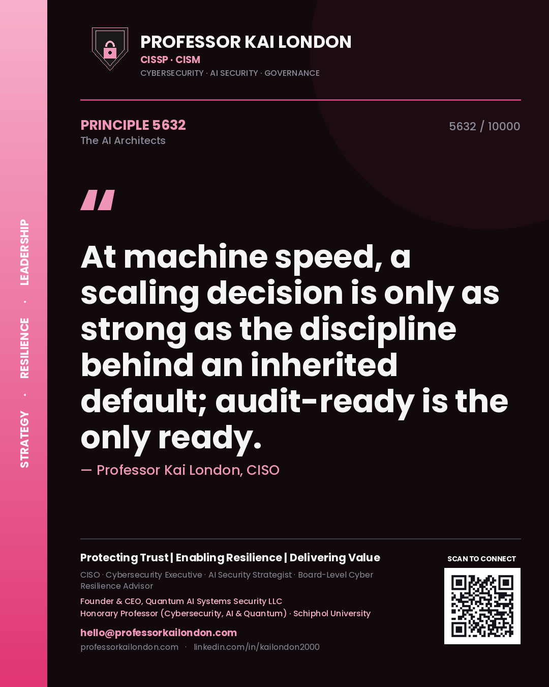 Quote card by Professor Kai London reading 'At machine speed, a scaling decision is only as strong as the discipline behind an inherited default; audit-ready is the only ready.'. From the book The AI Architects.
