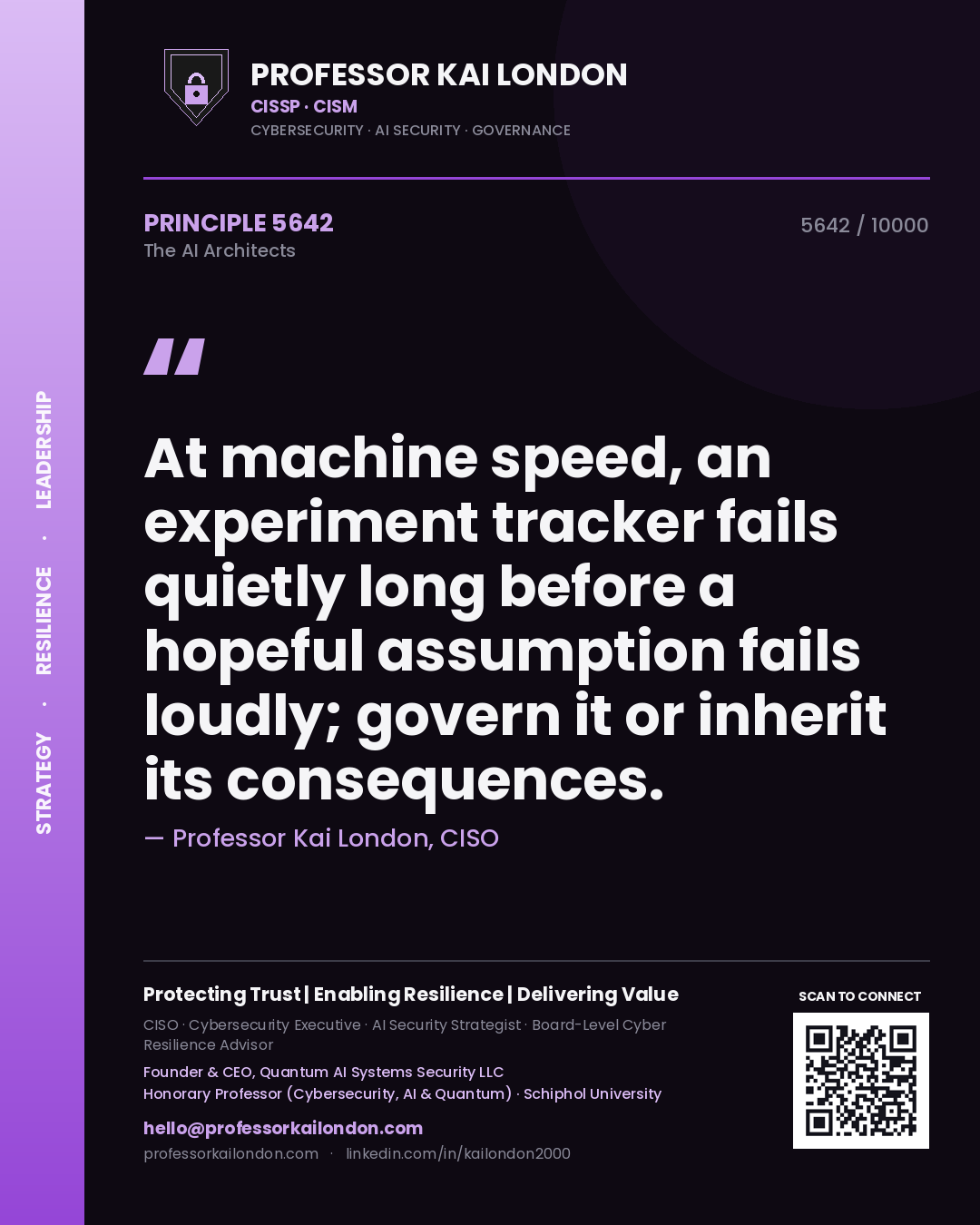 Quote card by Professor Kai London reading 'At machine speed, an experiment tracker fails quietly long before a hopeful assumption fails loudly; govern it or inherit its consequences.'. From the book The AI Architects.