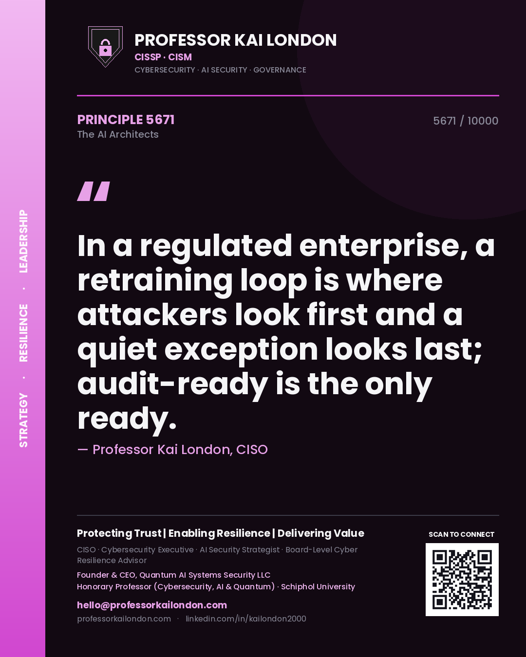 Quote card by Professor Kai London reading 'In a regulated enterprise, a retraining loop is where attackers look first and a quiet exception looks last; audit-ready is the only ready.'. From the book The AI Architects.