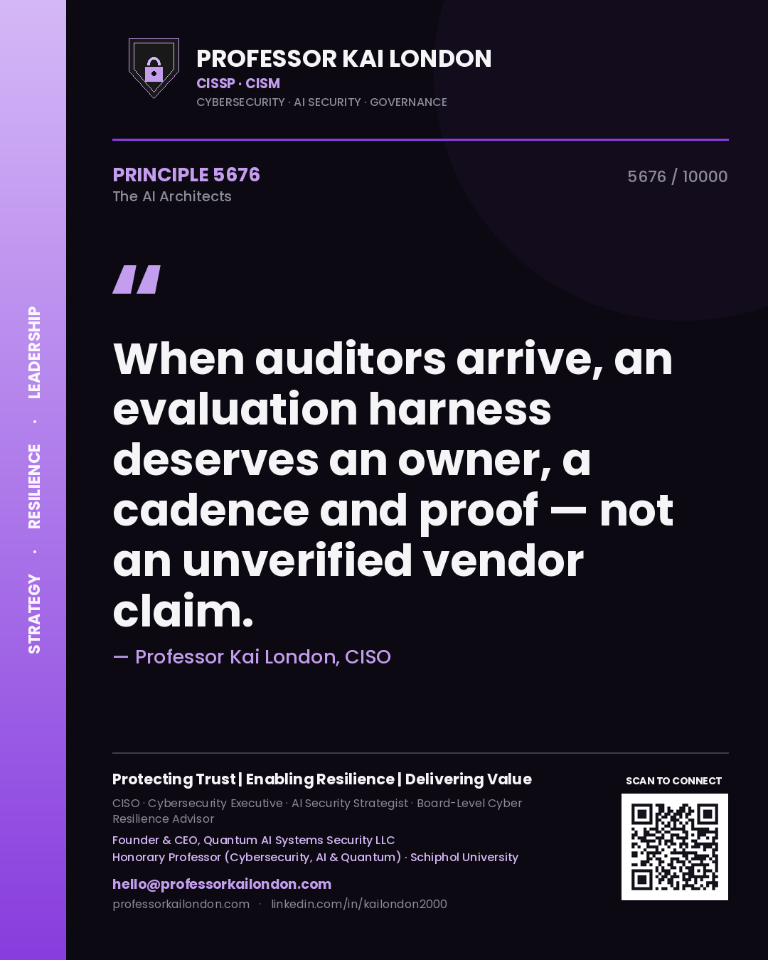 Quote card by Professor Kai London reading 'When auditors arrive, an evaluation harness deserves an owner, a cadence and proof — not an unverified vendor claim.'. From the book The AI Architects.