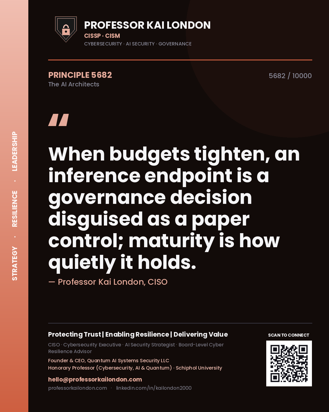 Quote card by Professor Kai London reading 'When budgets tighten, an inference endpoint is a governance decision disguised as a paper control; maturity is how quietly it holds.'. From the book The AI Architects.