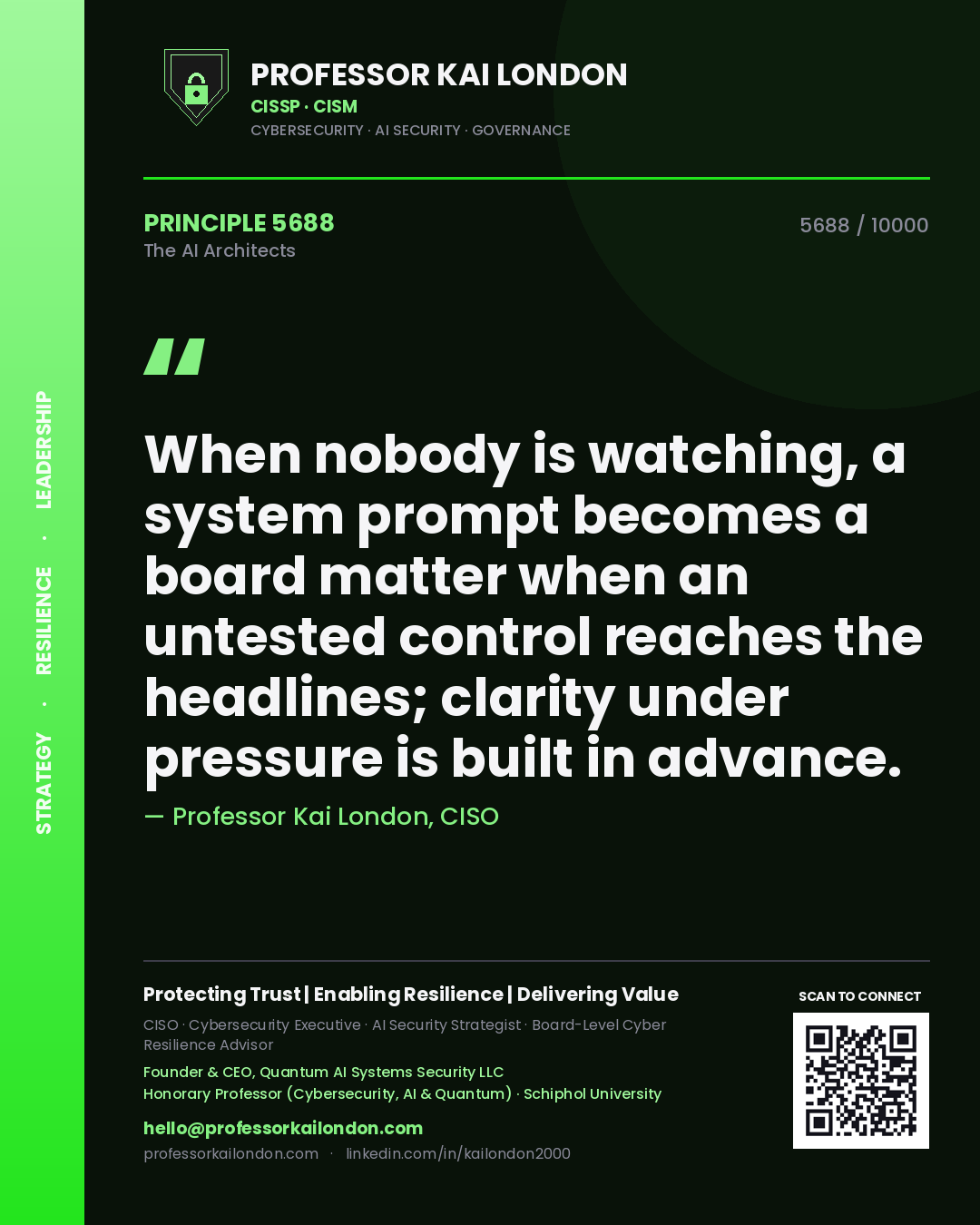 Quote card by Professor Kai London reading 'When nobody is watching, a system prompt becomes a board matter when an untested control reaches the headlines; clarity under pressure is built in advance.'. From the book The AI Architects.