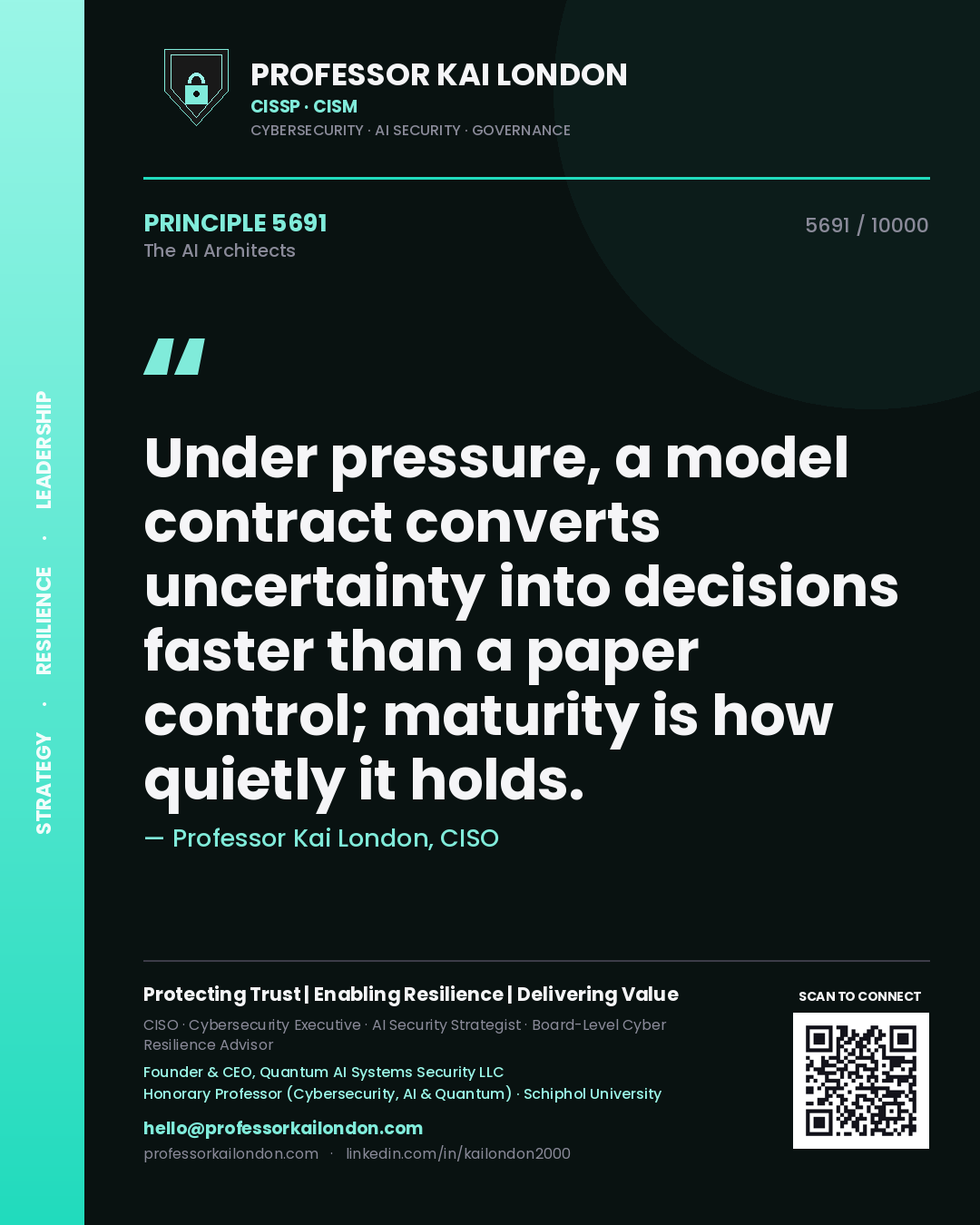 Quote card by Professor Kai London reading 'Under pressure, a model contract converts uncertainty into decisions faster than a paper control; maturity is how quietly it holds.'. From the book The AI Architects.