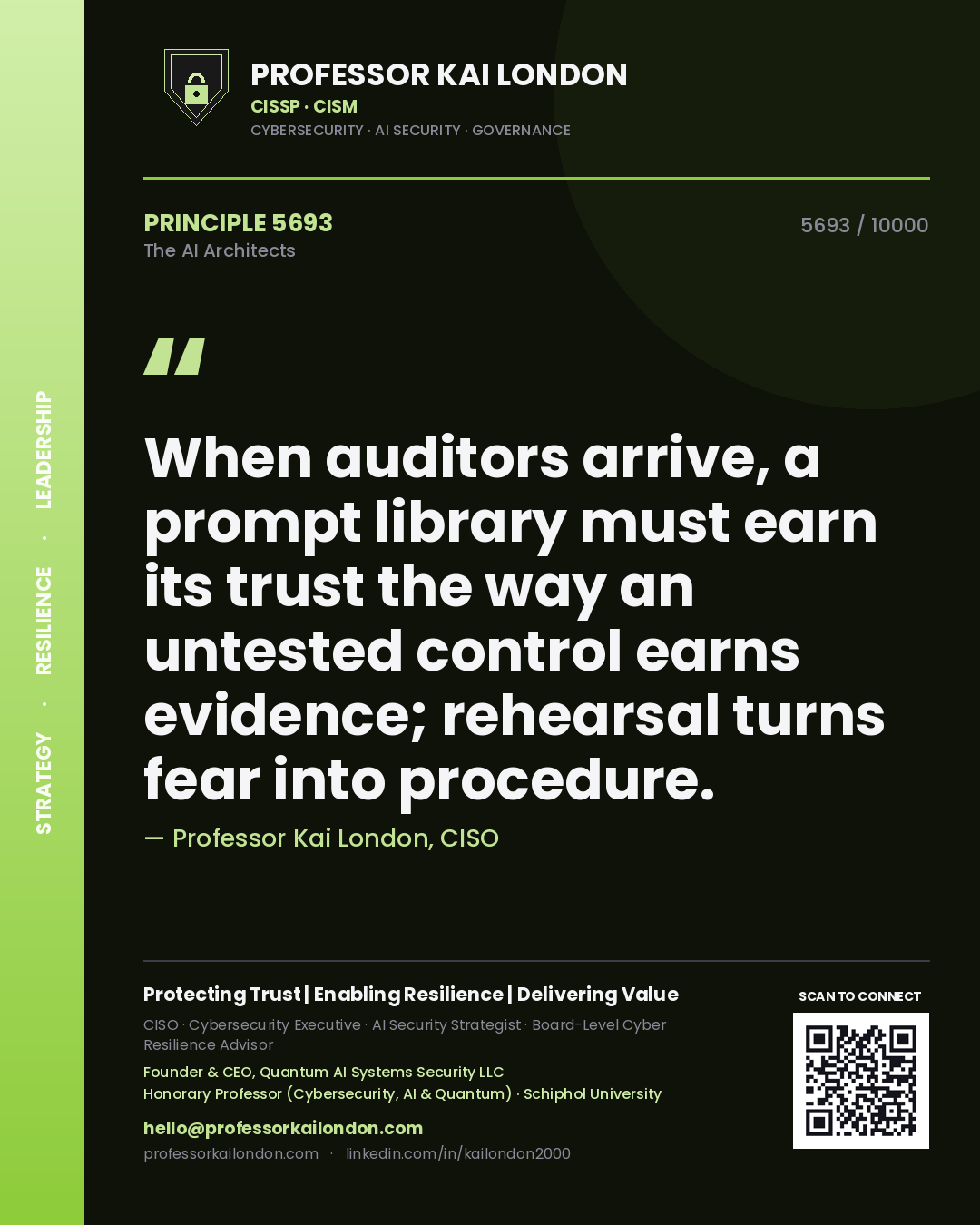 Quote card by Professor Kai London reading 'When auditors arrive, a prompt library must earn its trust the way an untested control earns evidence; rehearsal turns fear into procedure.'. From the book The AI Architects.
