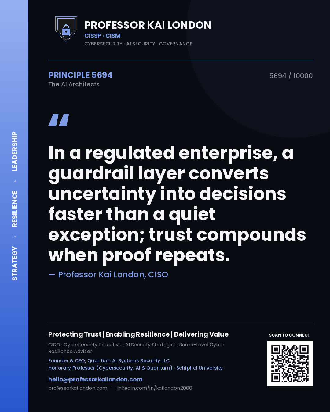 Quote card by Professor Kai London reading 'In a regulated enterprise, a guardrail layer converts uncertainty into decisions faster than a quiet exception; trust compounds when proof repeats.'. From the book The AI Architects.