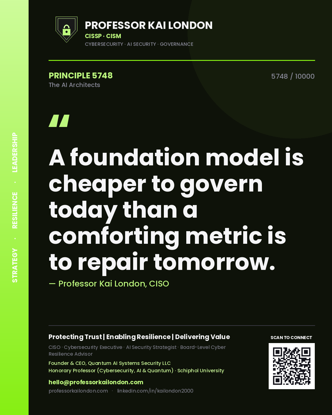 Quote card by Professor Kai London reading 'A foundation model is cheaper to govern today than a comforting metric is to repair tomorrow.'. From the book The AI Architects.