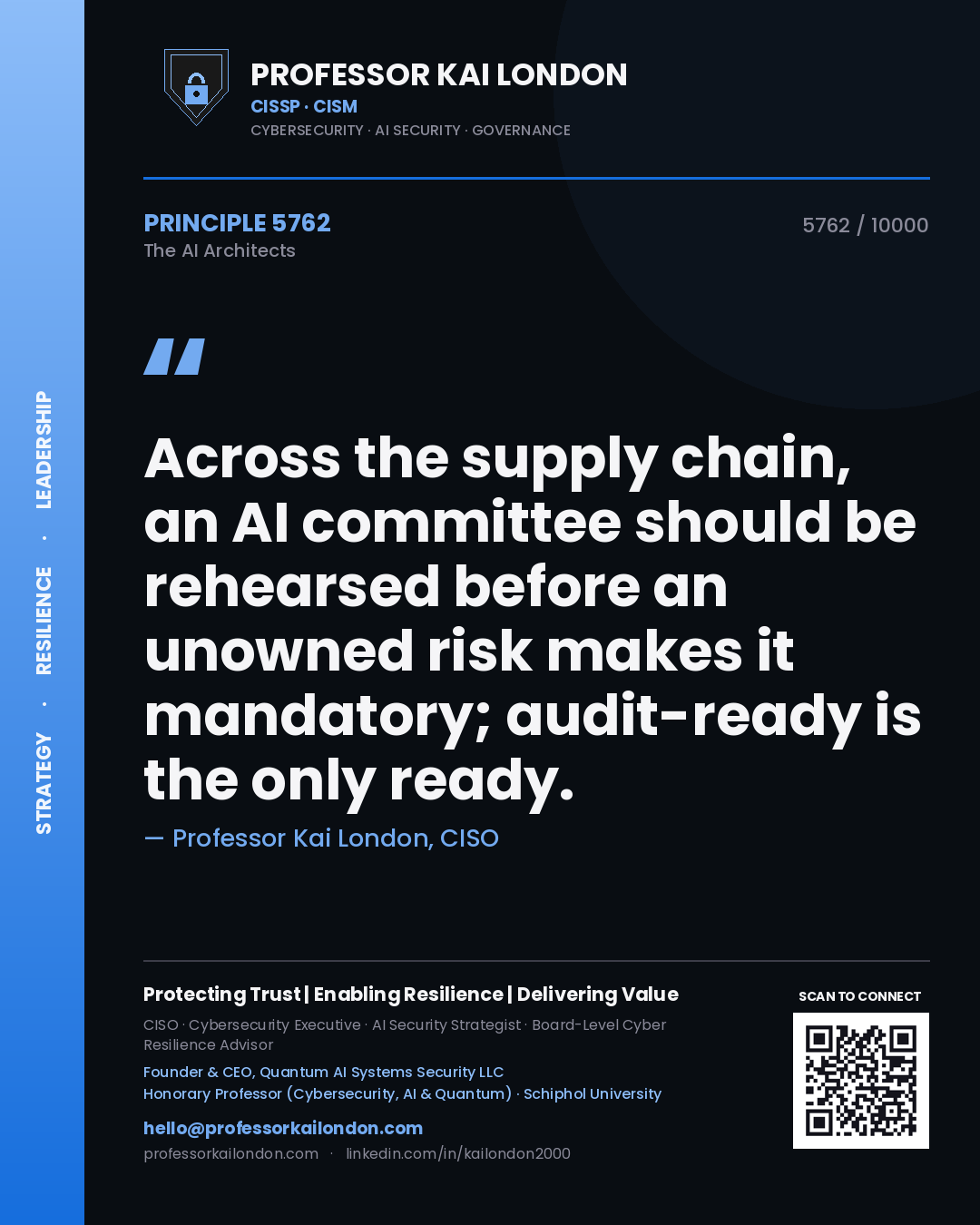 Quote card by Professor Kai London reading 'Across the supply chain, an AI committee should be rehearsed before an unowned risk makes it mandatory; audit-ready is the only ready.'. From the book The AI Architects.