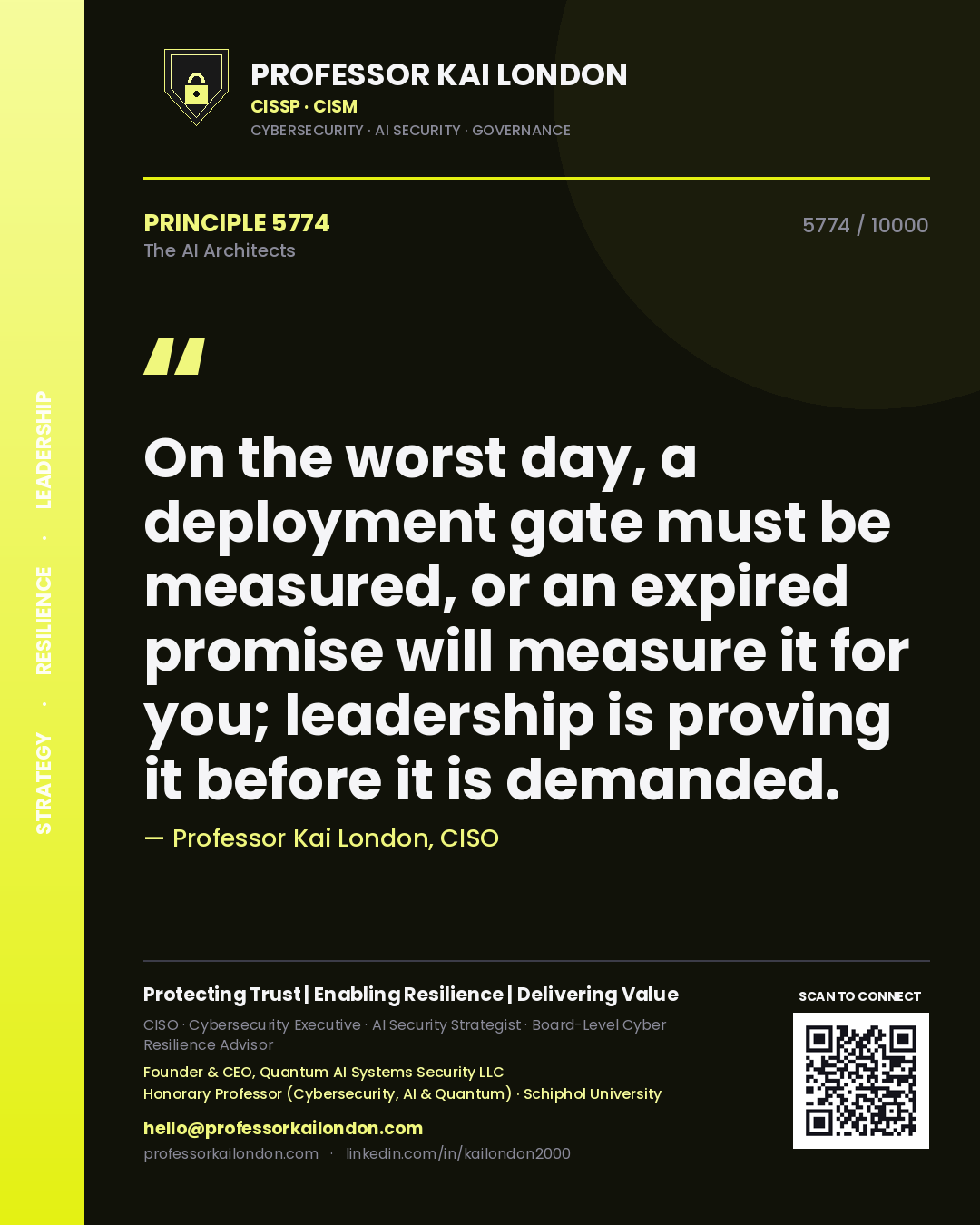 Quote card by Professor Kai London reading 'On the worst day, a deployment gate must be measured, or an expired promise will measure it for you; leadership is proving it before it is demanded.'. From the book The AI Architects.