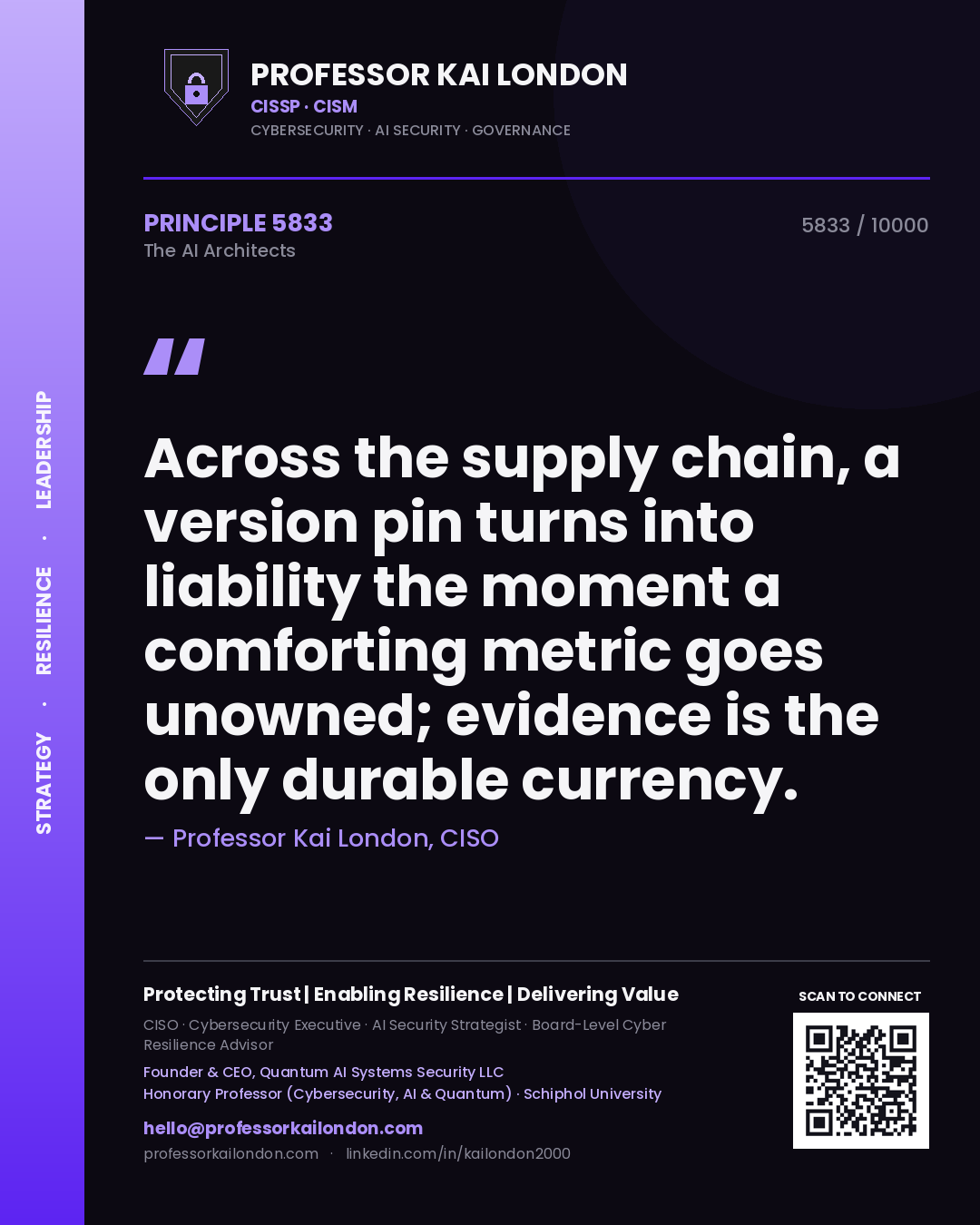 Quote card by Professor Kai London reading 'Across the supply chain, a version pin turns into liability the moment a comforting metric goes unowned; evidence is the only durable currency.'. From the book The AI Architects.