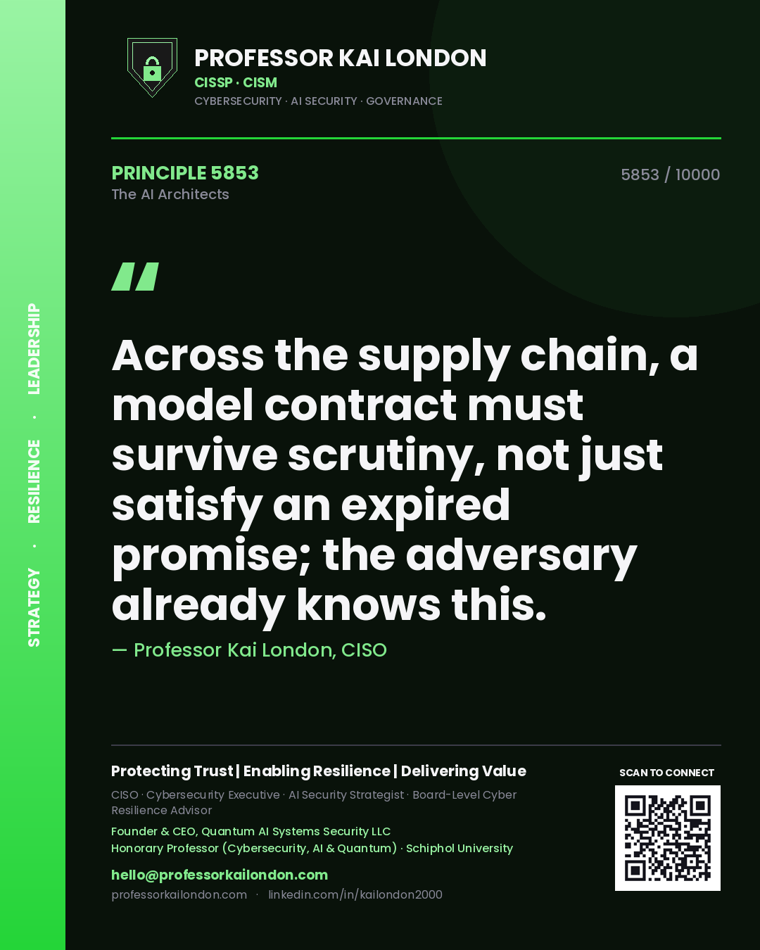 Professor Kai London principle 5853: Across the supply chain, a model contract must survive scrutiny, not just satisfy an expired promise; the adversary already knows this.