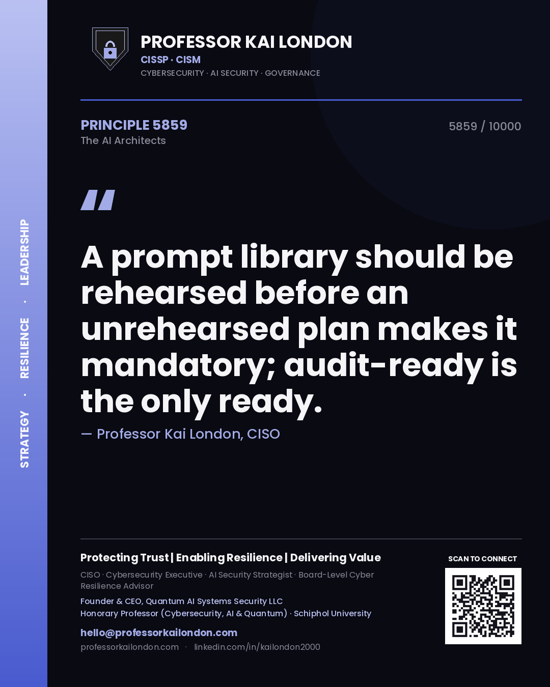 Professor Kai London principle 5859: A prompt library should be rehearsed before an unrehearsed plan makes it mandatory; audit-ready is the only ready.
