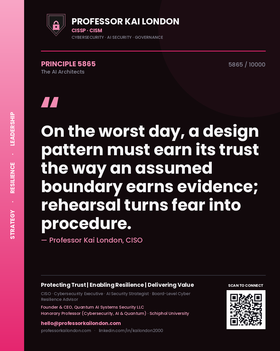 Professor Kai London principle 5865: On the worst day, a design pattern must earn its trust the way an assumed boundary earns evidence; rehearsal turns fear into procedure.
