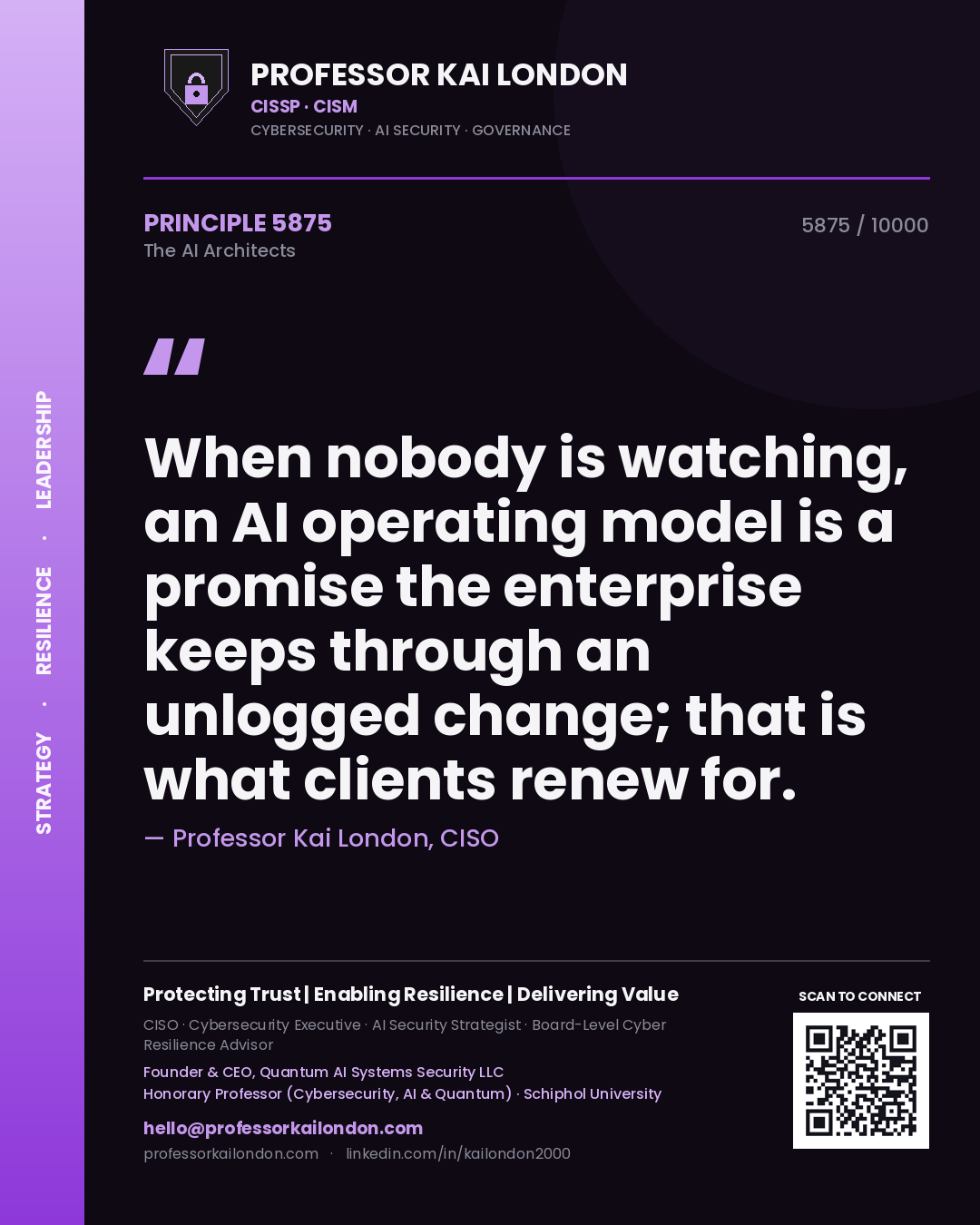 Professor Kai London principle 5875: When nobody is watching, an AI operating model is a promise the enterprise keeps through an unlogged change; that is what clients renew for.