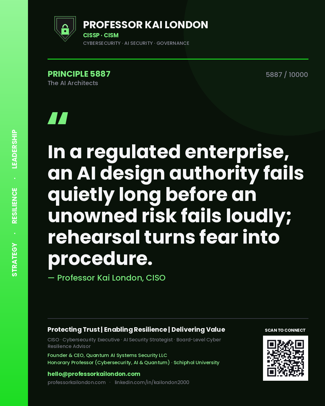 Professor Kai London principle 5887: In a regulated enterprise, an AI design authority fails quietly long before an unowned risk fails loudly; rehearsal turns fear into procedure.