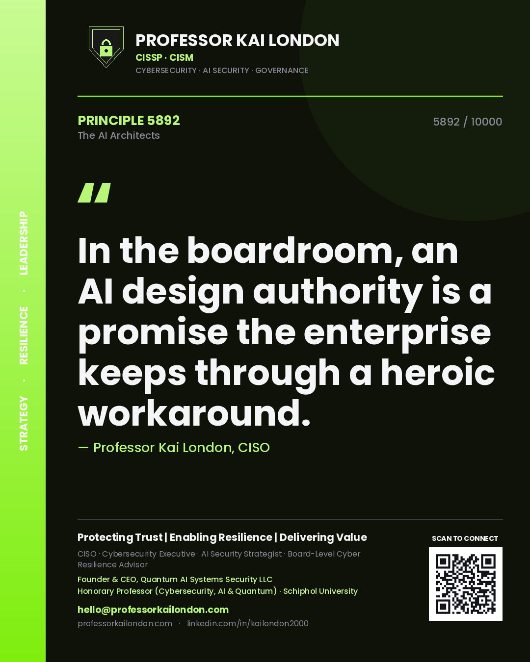 Professor Kai London principle 5892: In the boardroom, an AI design authority is a promise the enterprise keeps through a heroic workaround.