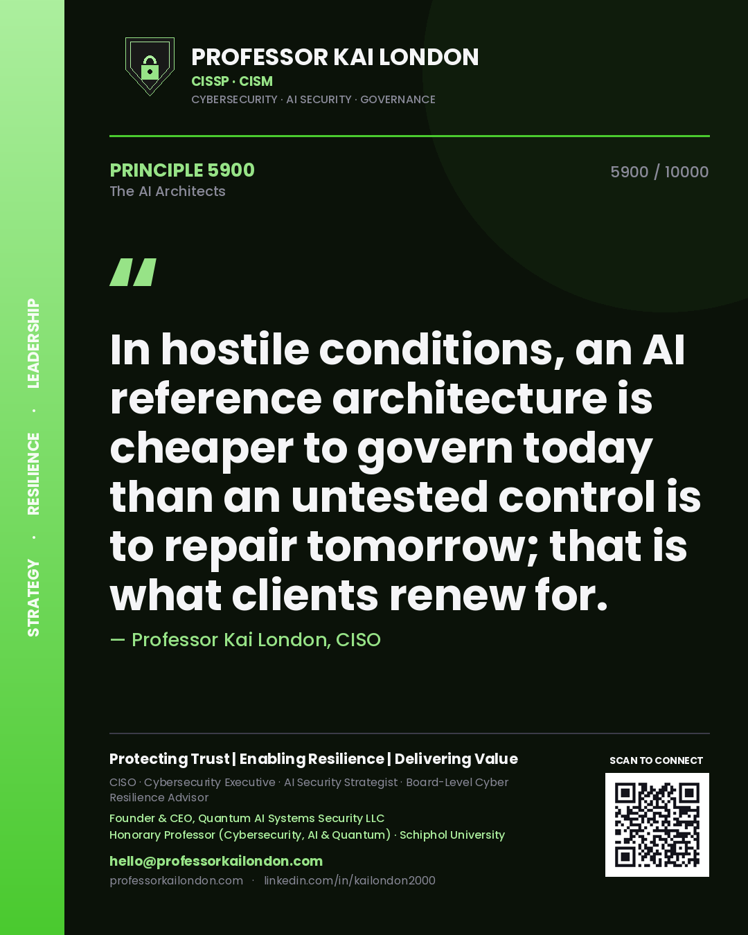 Professor Kai London principle 5900: In hostile conditions, an AI reference architecture is cheaper to govern today than an untested control is to repair tomorrow; that is what clients renew for.
