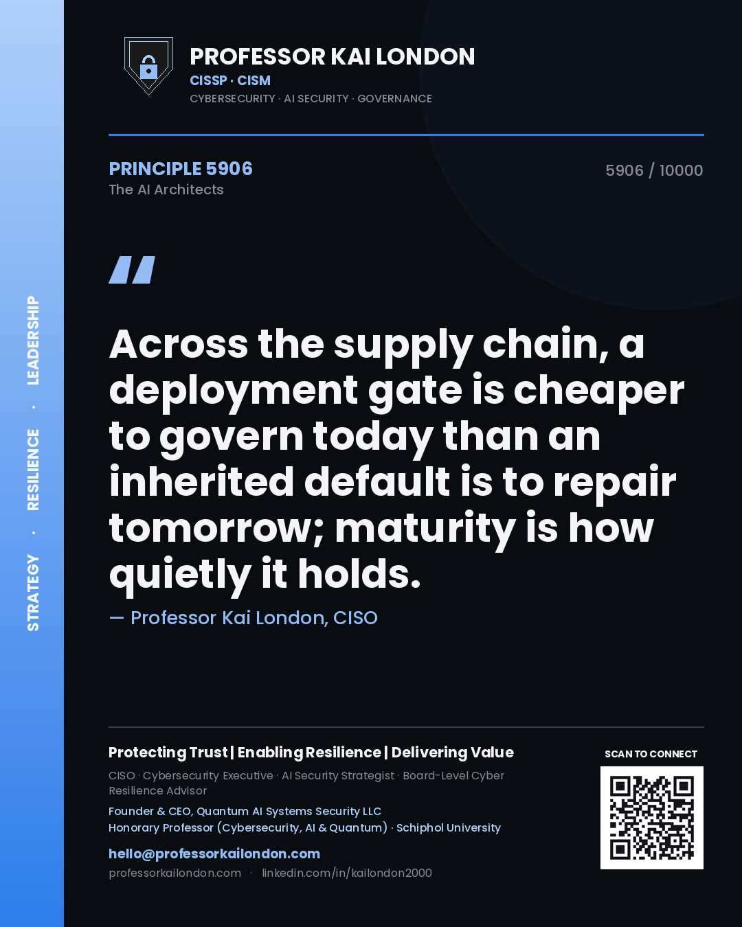 Quote card by Professor Kai London reading 'Across the supply chain, a deployment gate is cheaper to govern today than an inherited default is to repair tomorrow; maturity is how quietly it holds.'. From the book The AI Architects.