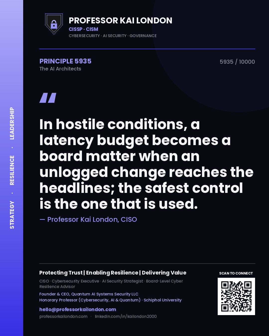 Quote card by Professor Kai London reading 'In hostile conditions, a latency budget becomes a board matter when an unlogged change reaches the headlines; the safest control is the one that is used.'. From the book The AI Architects.