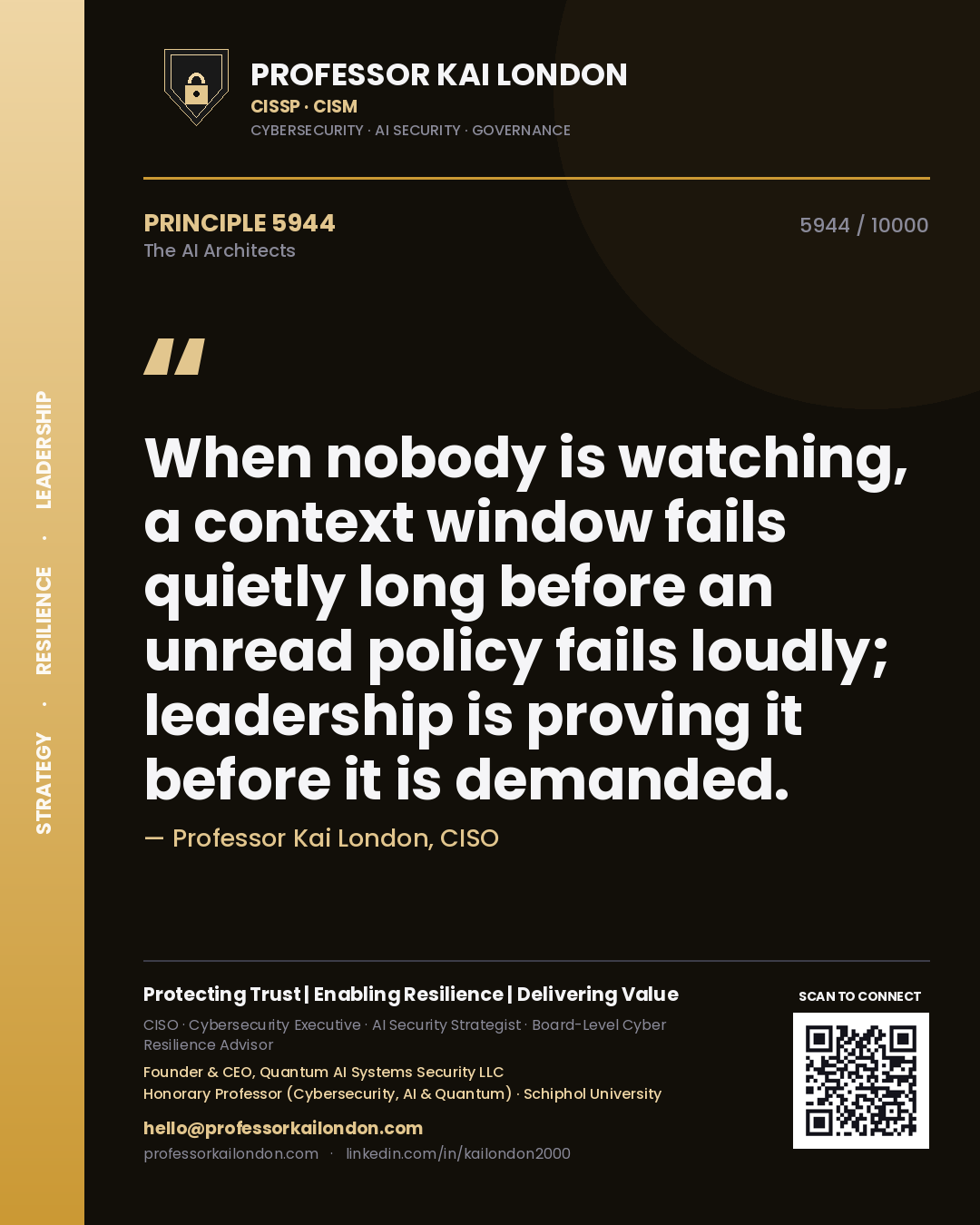 Professor Kai London principle 5944: When nobody is watching, a context window fails quietly long before an unread policy fails loudly; leadership is proving it before it is demanded.