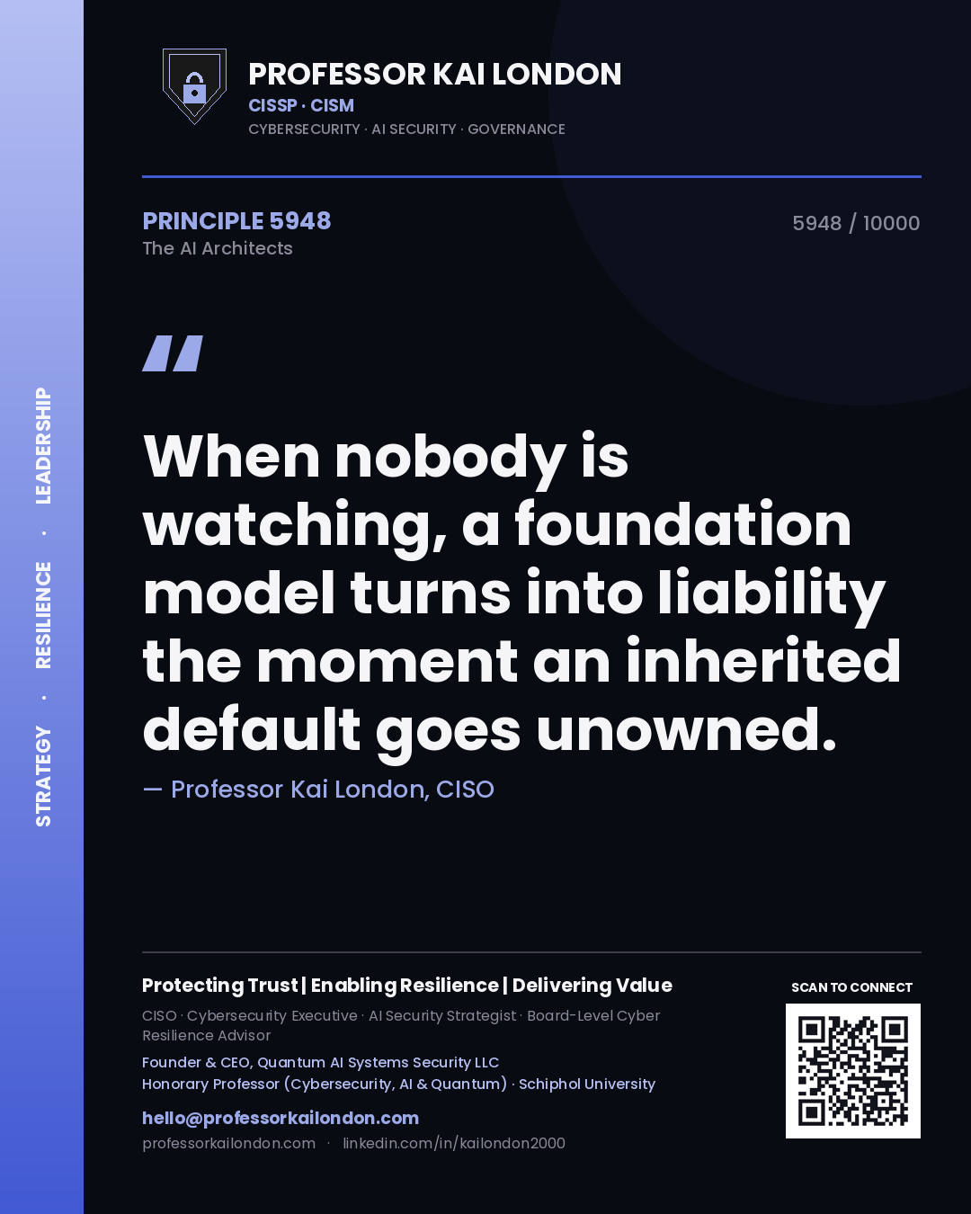 Quote card by Professor Kai London reading 'When nobody is watching, a foundation model turns into liability the moment an inherited default goes unowned.'. From the book The AI Architects.