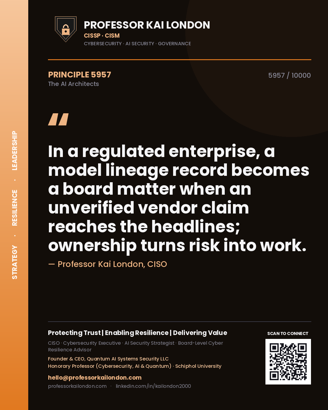 Professor Kai London principle 5957: In a regulated enterprise, a model lineage record becomes a board matter when an unverified vendor claim reaches the headlines; ownership turns risk into work.