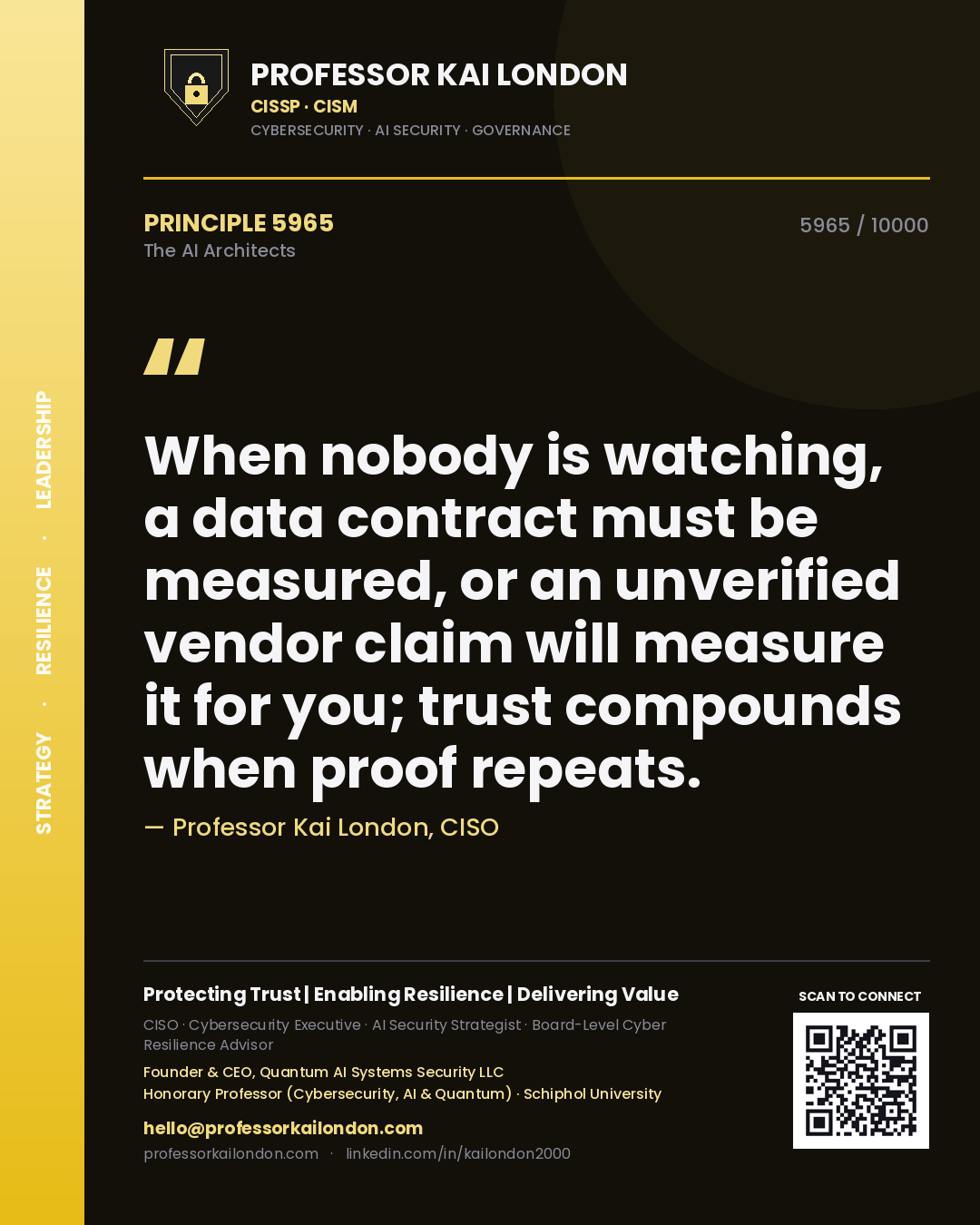 Quote card by Professor Kai London reading 'When nobody is watching, a data contract must be measured, or an unverified vendor claim will measure it for you; trust compounds when proof repeats.'. From the book The AI Architects.