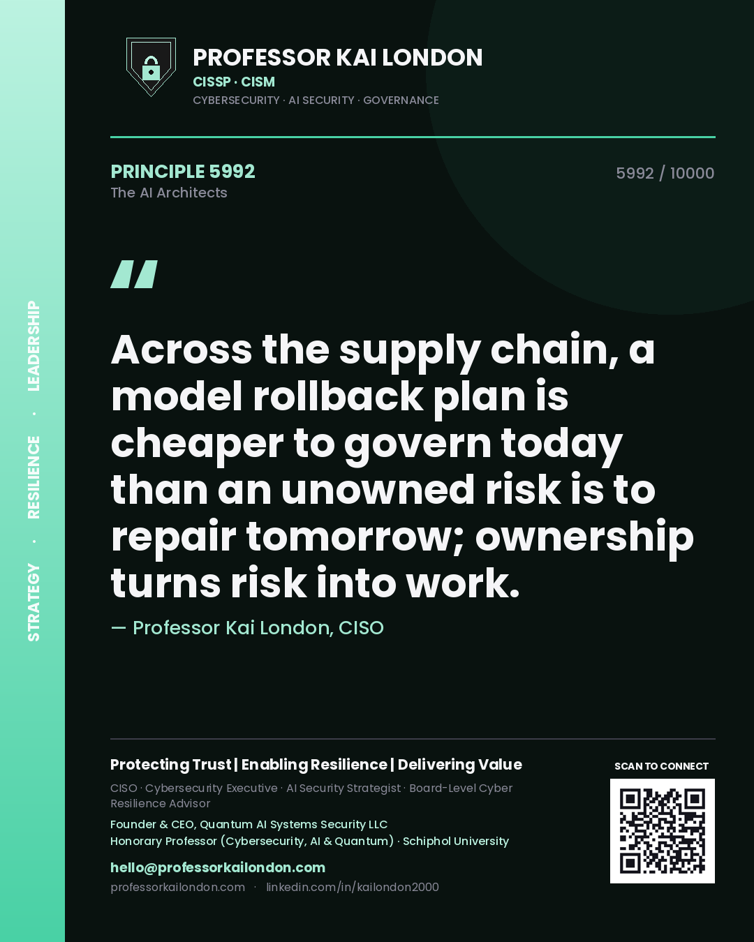 Professor Kai London principle 5992: Across the supply chain, a model rollback plan is cheaper to govern today than an unowned risk is to repair tomorrow; ownership turns risk into work.