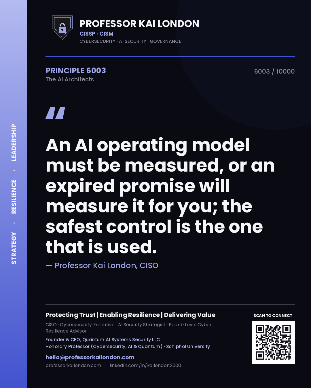 Professor Kai London principle 6003: An AI operating model must be measured, or an expired promise will measure it for you; the safest control is the one that is used.