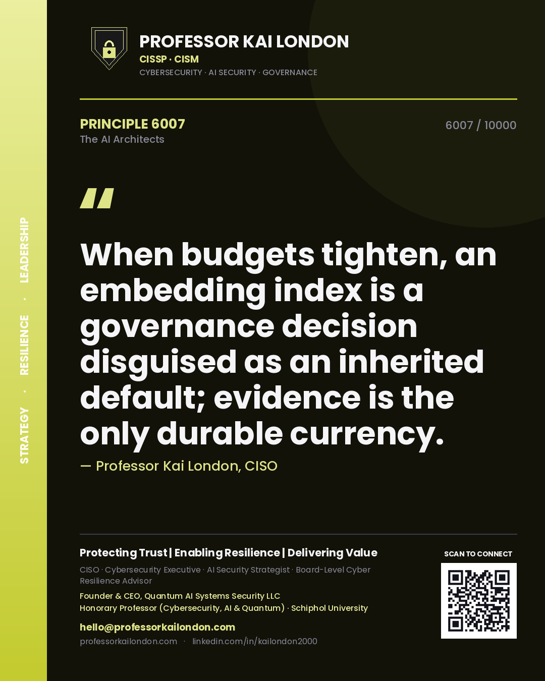 Quote card by Professor Kai London reading 'When budgets tighten, an embedding index is a governance decision disguised as an inherited default; evidence is the only durable currency.'. From the book The AI Architects.