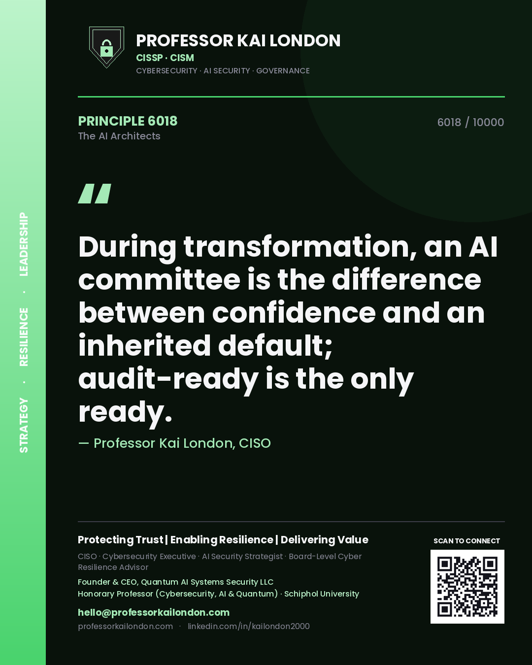 Professor Kai London principle 6018: During transformation, an AI committee is the difference between confidence and an inherited default; audit-ready is the only ready.