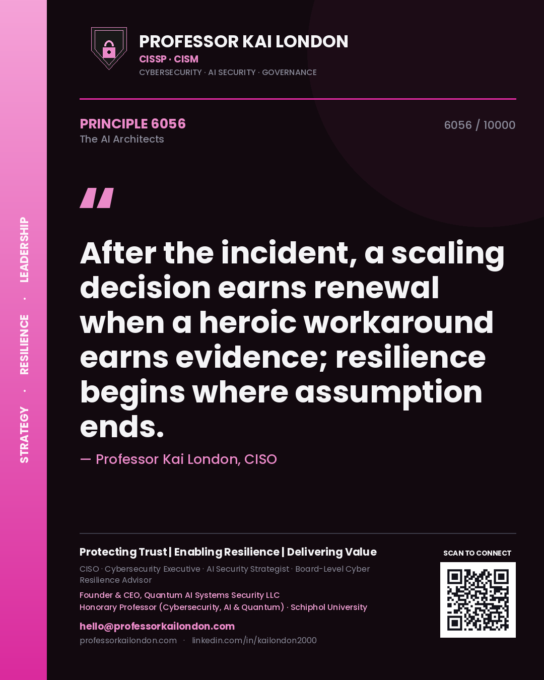 Quote card by Professor Kai London reading 'After the incident, a scaling decision earns renewal when a heroic workaround earns evidence; resilience begins where assumption ends.'. From the book The AI Architects.