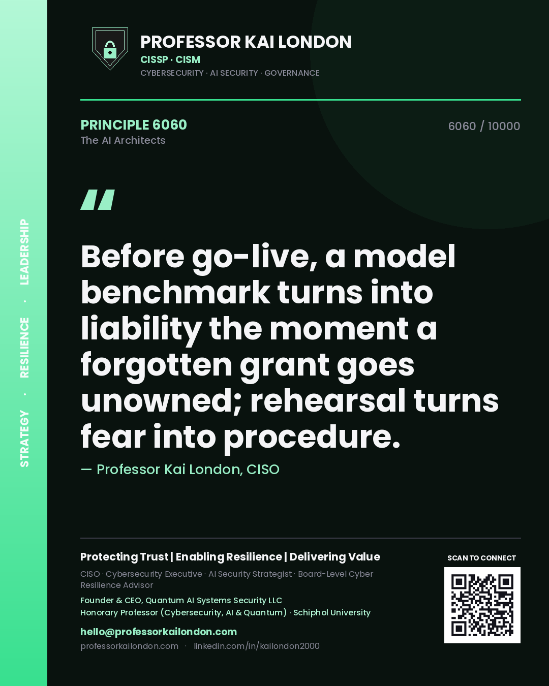 Professor Kai London principle 6060: Before go-live, a model benchmark turns into liability the moment a forgotten grant goes unowned; rehearsal turns fear into procedure.