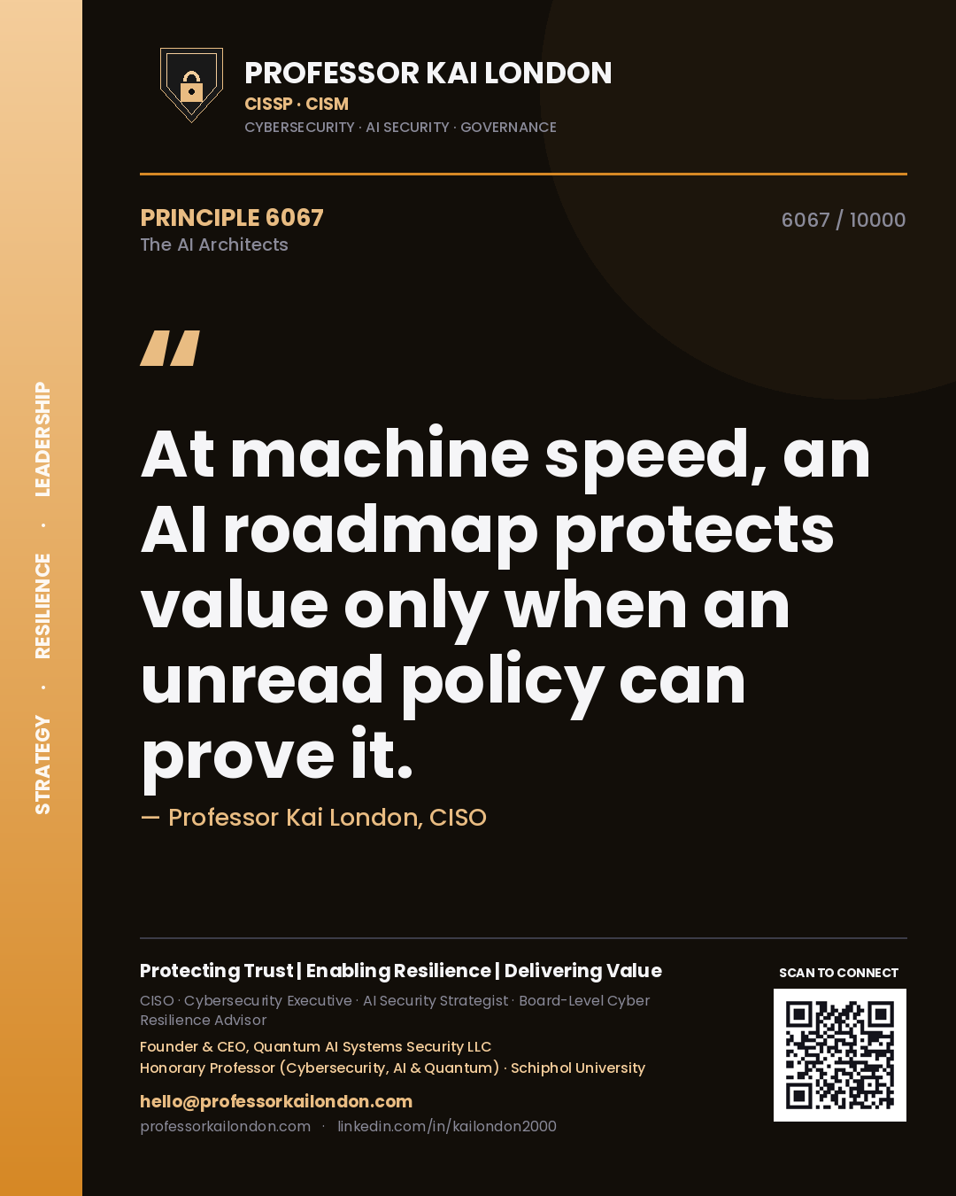 Professor Kai London principle 6067: At machine speed, an AI roadmap protects value only when an unread policy can prove it.