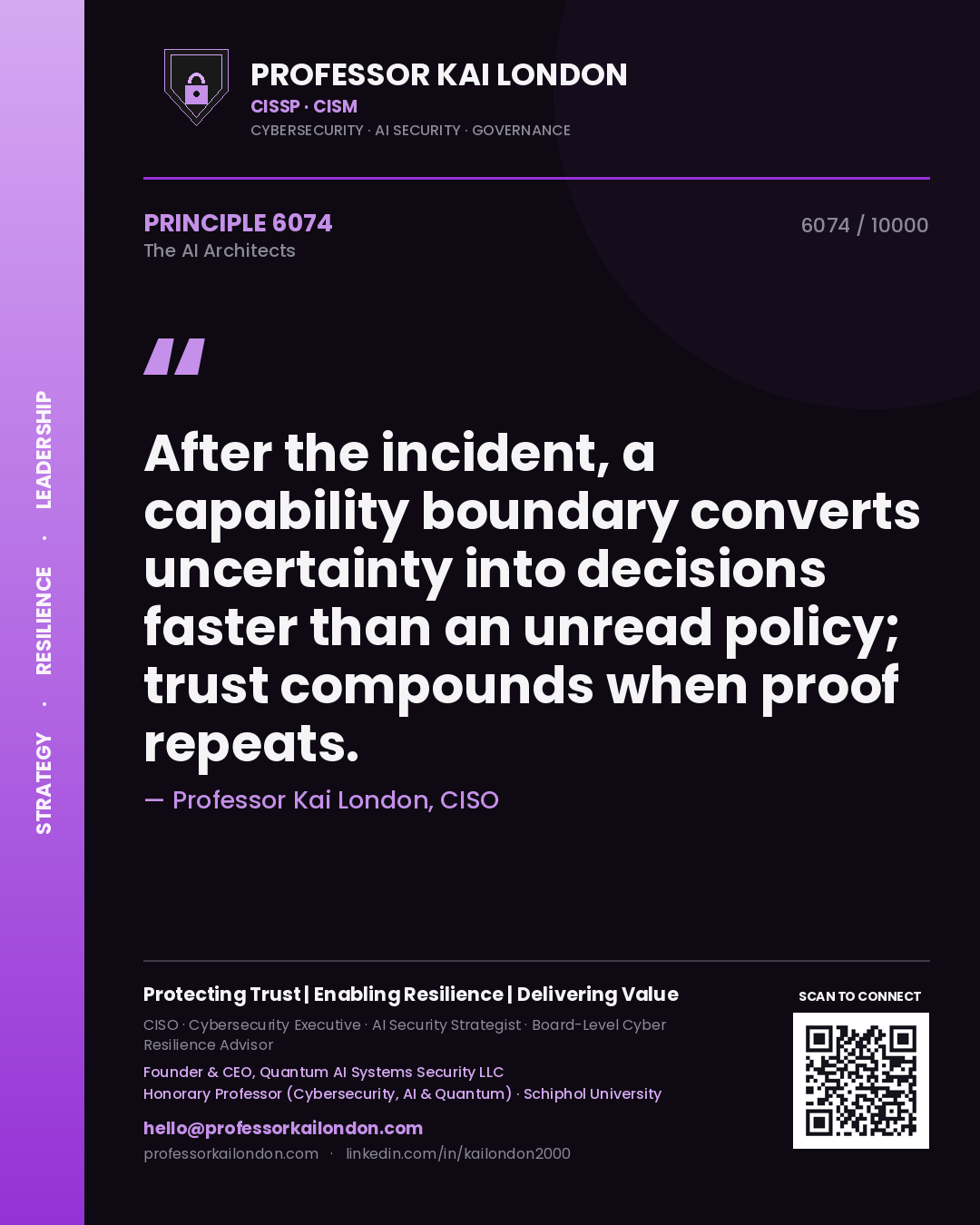 Professor Kai London principle 6074: After the incident, a capability boundary converts uncertainty into decisions faster than an unread policy; trust compounds when proof repeats.