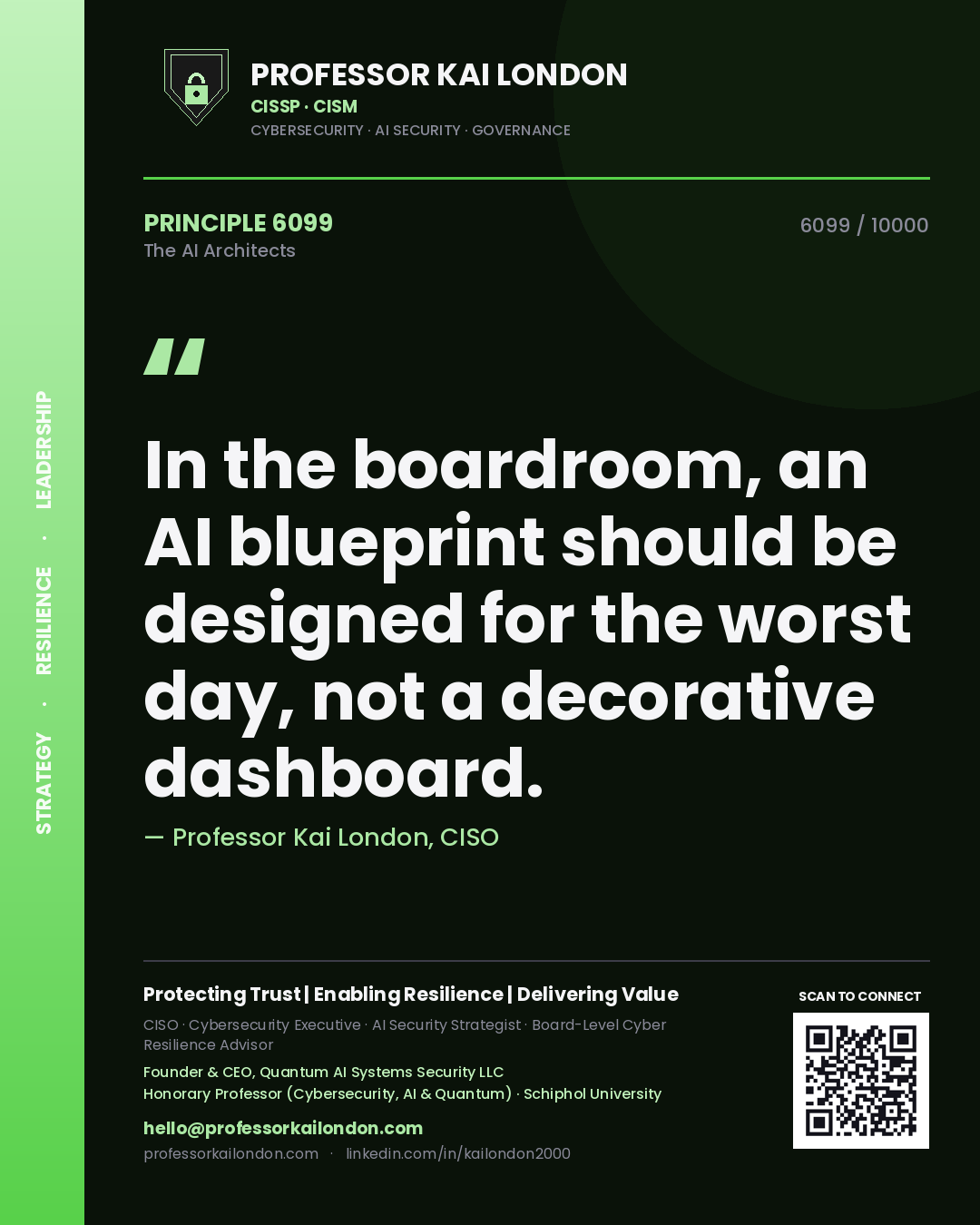 Quote card by Professor Kai London reading 'In the boardroom, an AI blueprint should be designed for the worst day, not a decorative dashboard.'. From the book The AI Architects.