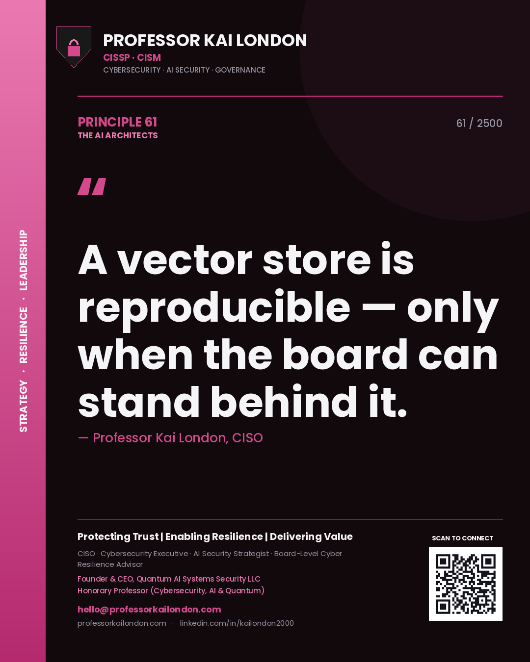 Professor Kai London principle 61: A vector store is reproducible — only when the board can stand behind it.