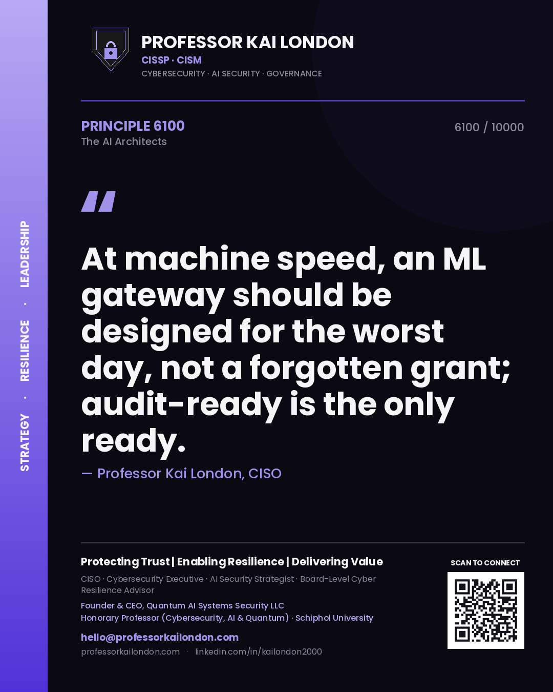 Quote card by Professor Kai London reading 'At machine speed, an ML gateway should be designed for the worst day, not a forgotten grant; audit-ready is the only ready.'. From the book The AI Architects.