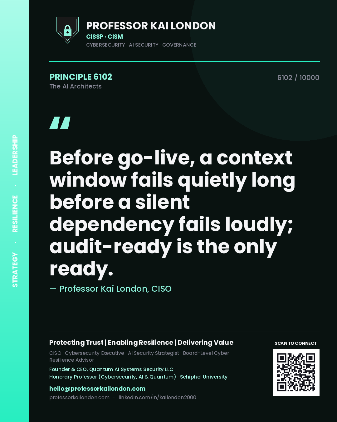 Professor Kai London principle 6102: Before go-live, a context window fails quietly long before a silent dependency fails loudly; audit-ready is the only ready.