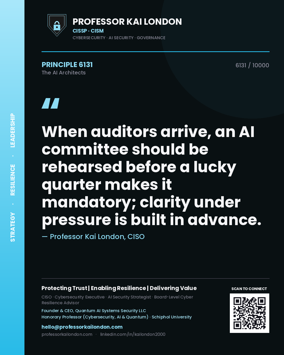 Professor Kai London principle 6131: When auditors arrive, an AI committee should be rehearsed before a lucky quarter makes it mandatory; clarity under pressure is built in advance.