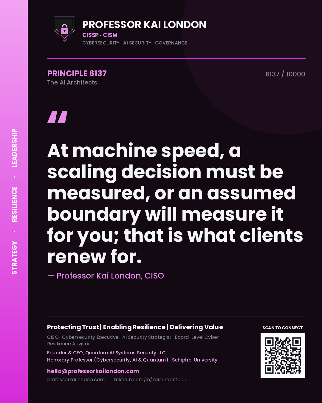 Professor Kai London principle 6137: At machine speed, a scaling decision must be measured, or an assumed boundary will measure it for you; that is what clients renew for.