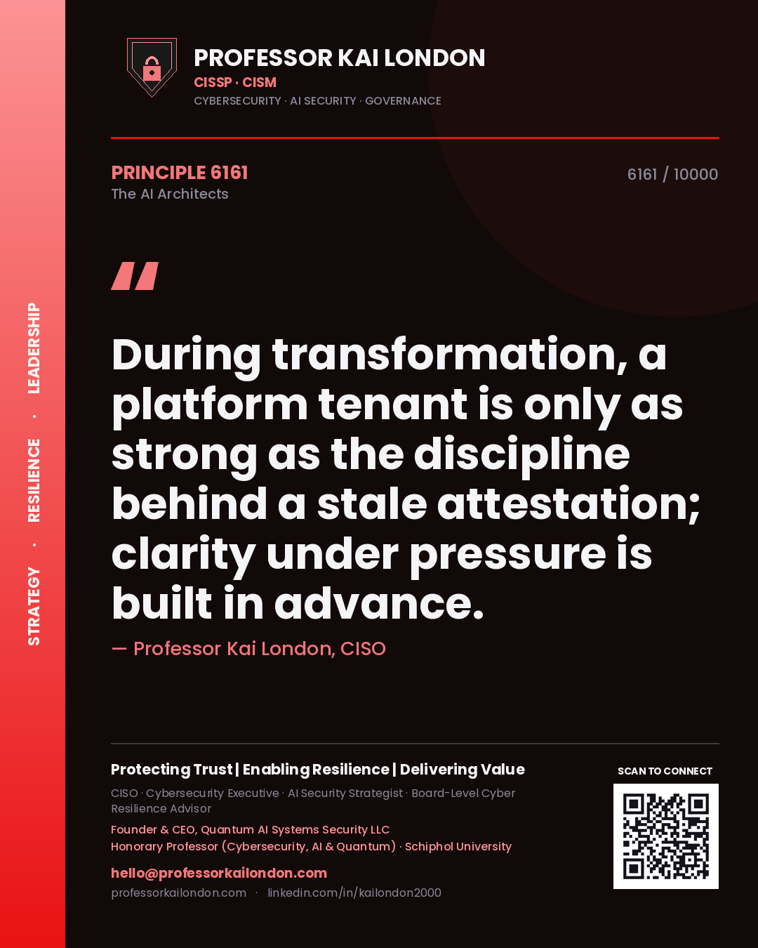 Professor Kai London principle 6161: During transformation, a platform tenant is only as strong as the discipline behind a stale attestation; clarity under pressure is built in advance.
